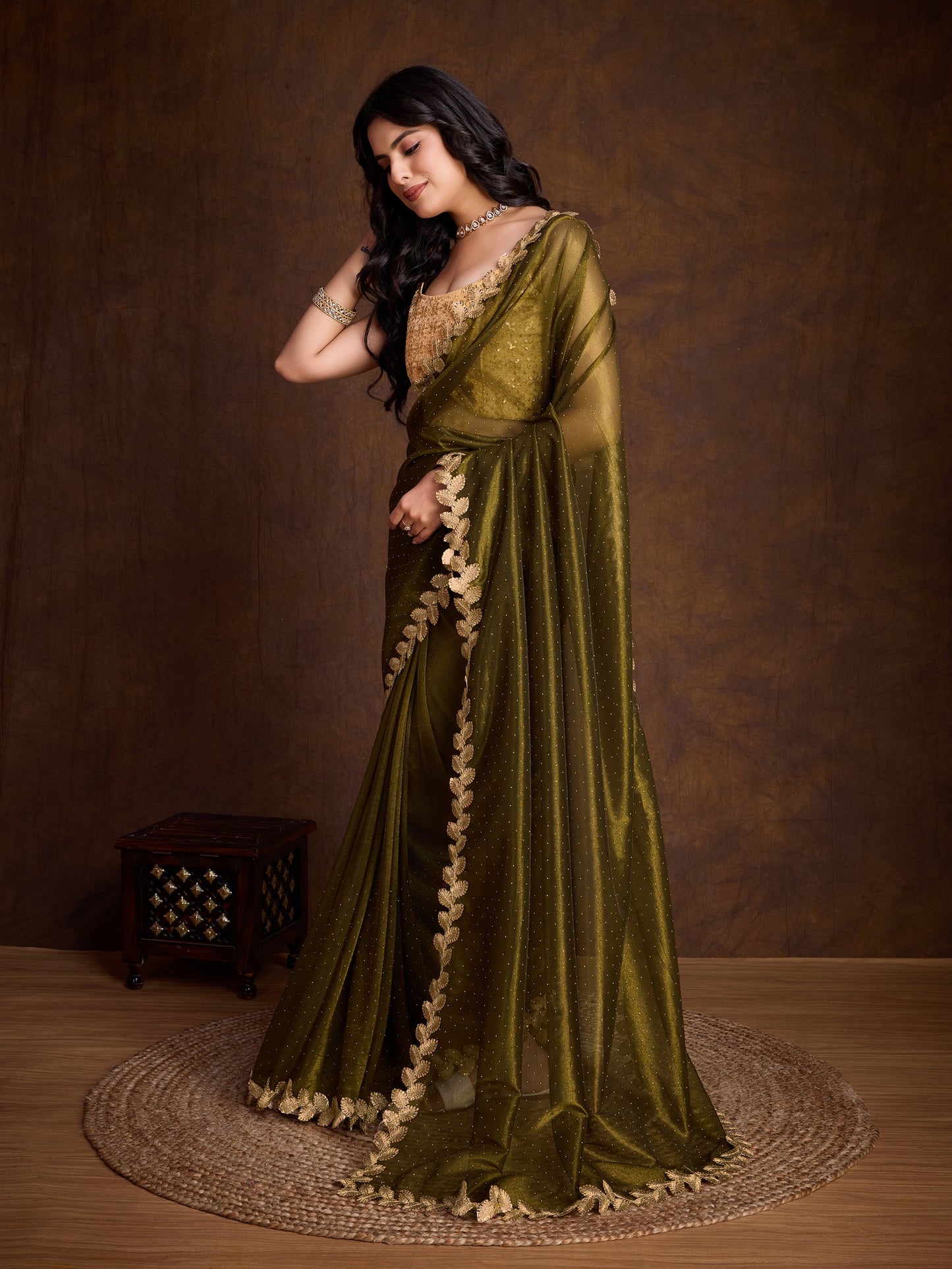 Mehendi Green Gold-Infused Twill Saree with Dual Blouse Options