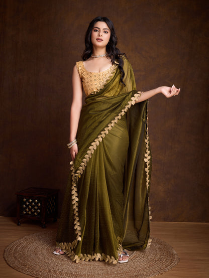 Mehendi Green Gold-Infused Twill Saree with Dual Blouse Options