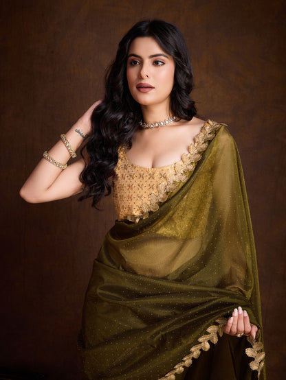 Mehendi Green Gold-Infused Twill Saree with Dual Blouse Options