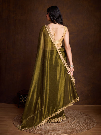 Mehendi Green Gold-Infused Twill Saree with Dual Blouse Options