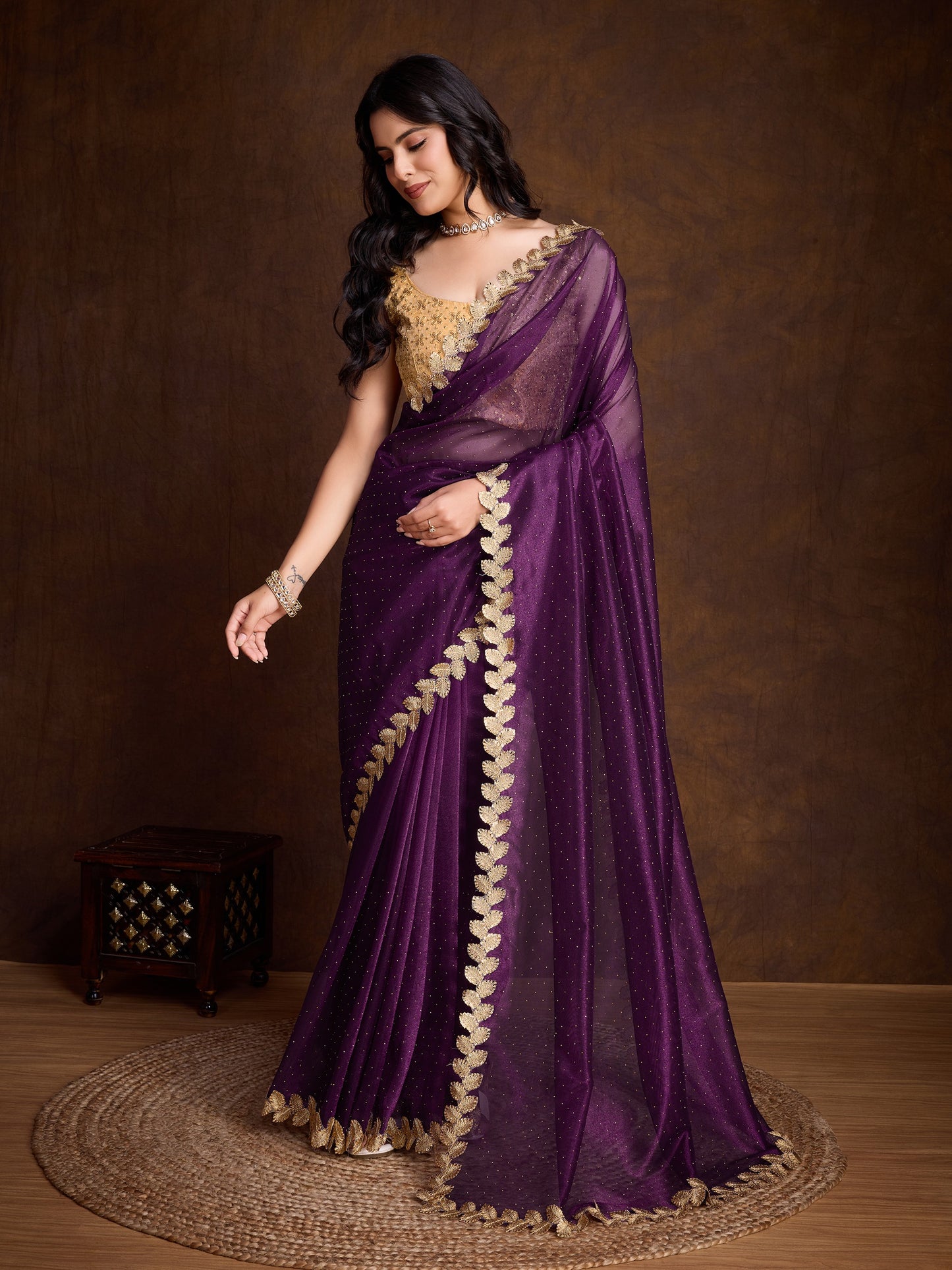 Purple Gold-Infused Twill Saree with Dual Blouse Options,