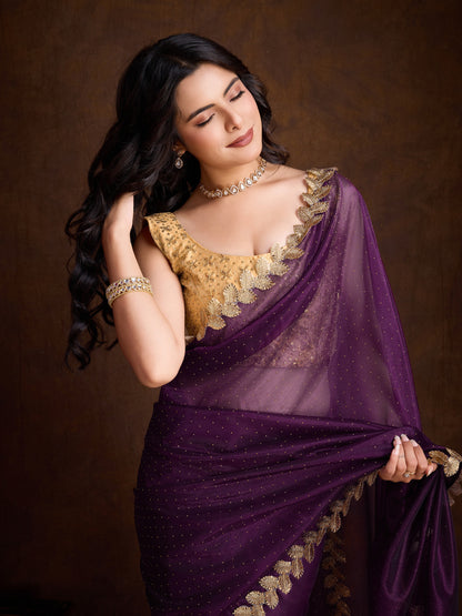 Purple Gold-Infused Twill Saree with Dual Blouse Options,