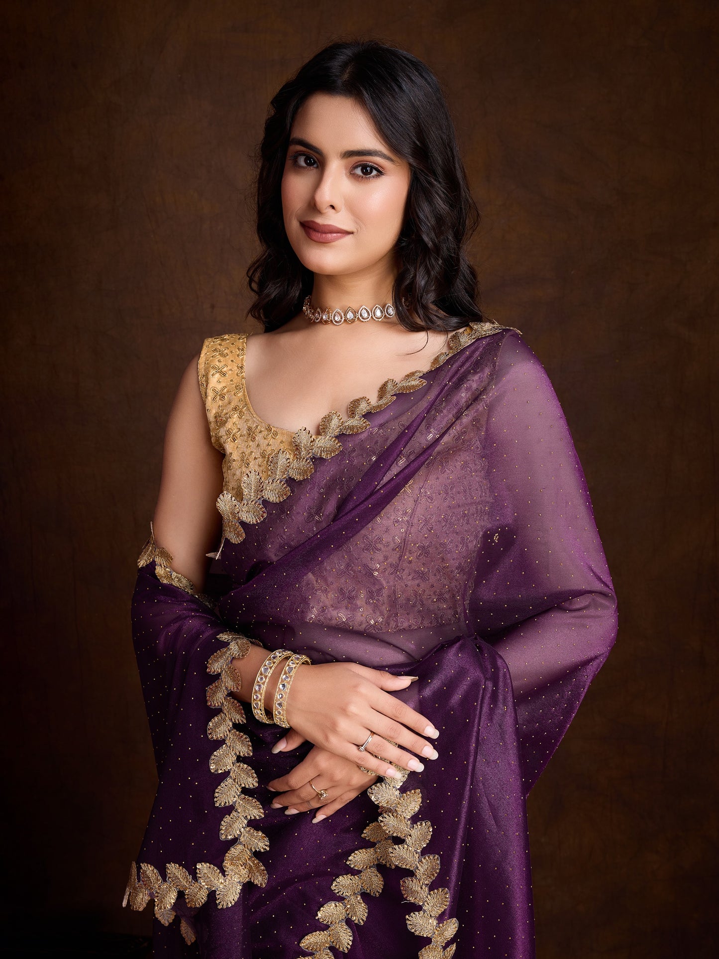 Purple Gold-Infused Twill Saree with Dual Blouse Options,