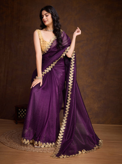 Purple Gold-Infused Twill Saree with Dual Blouse Options,