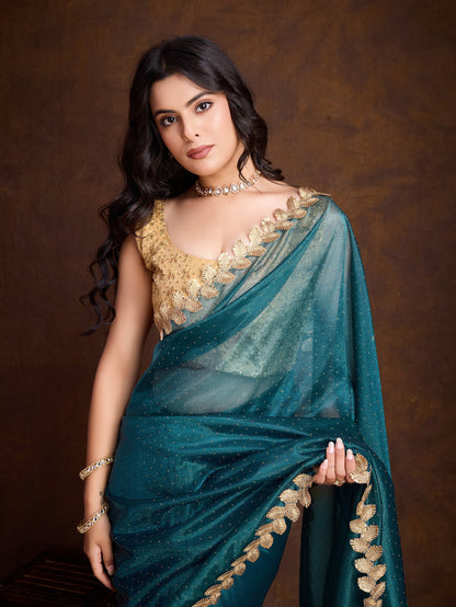 Ocean Green Gold-Infused Twill Saree with Dual Blouse Options