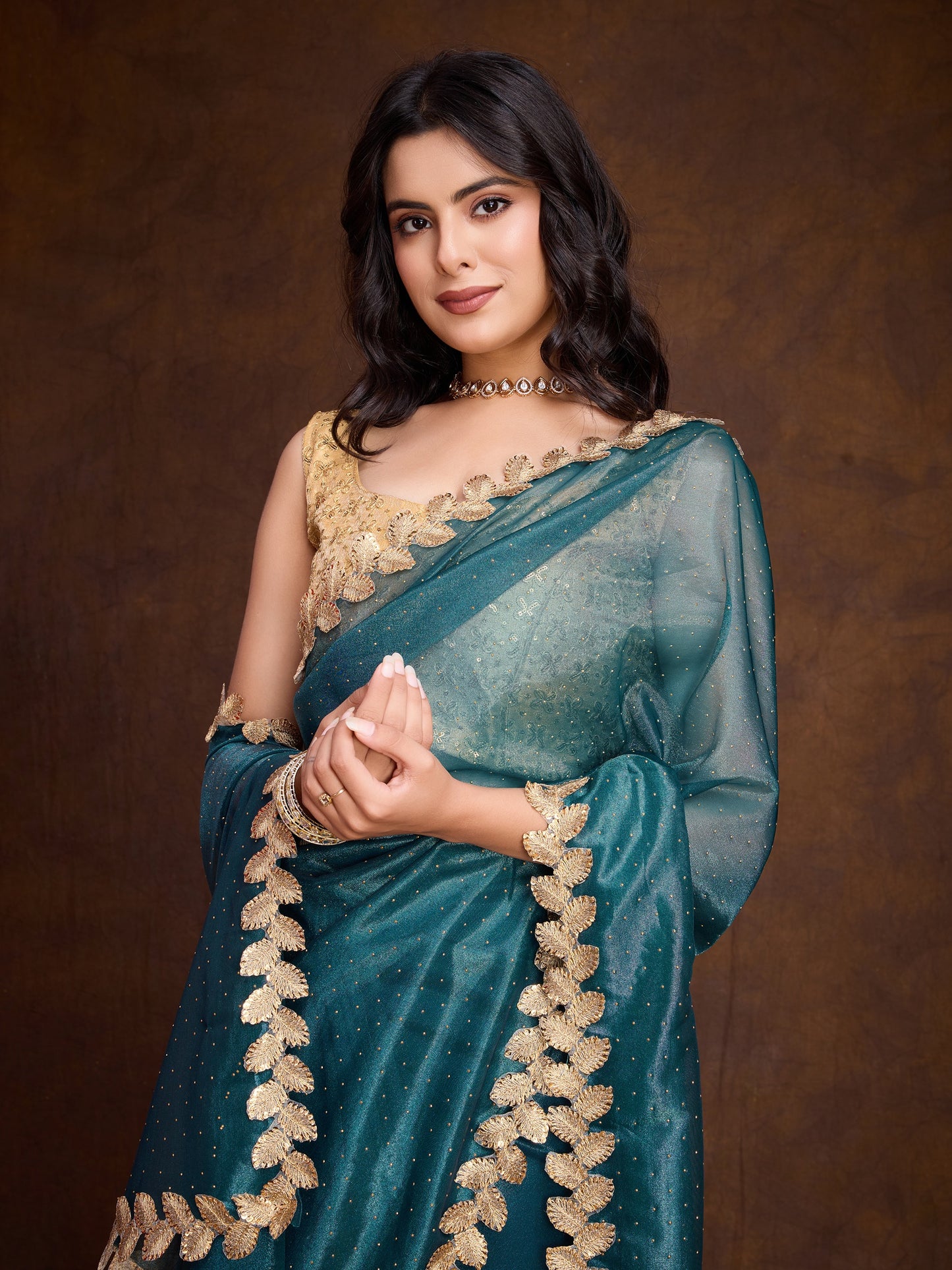 Ocean Green Gold-Infused Twill Saree with Dual Blouse Options