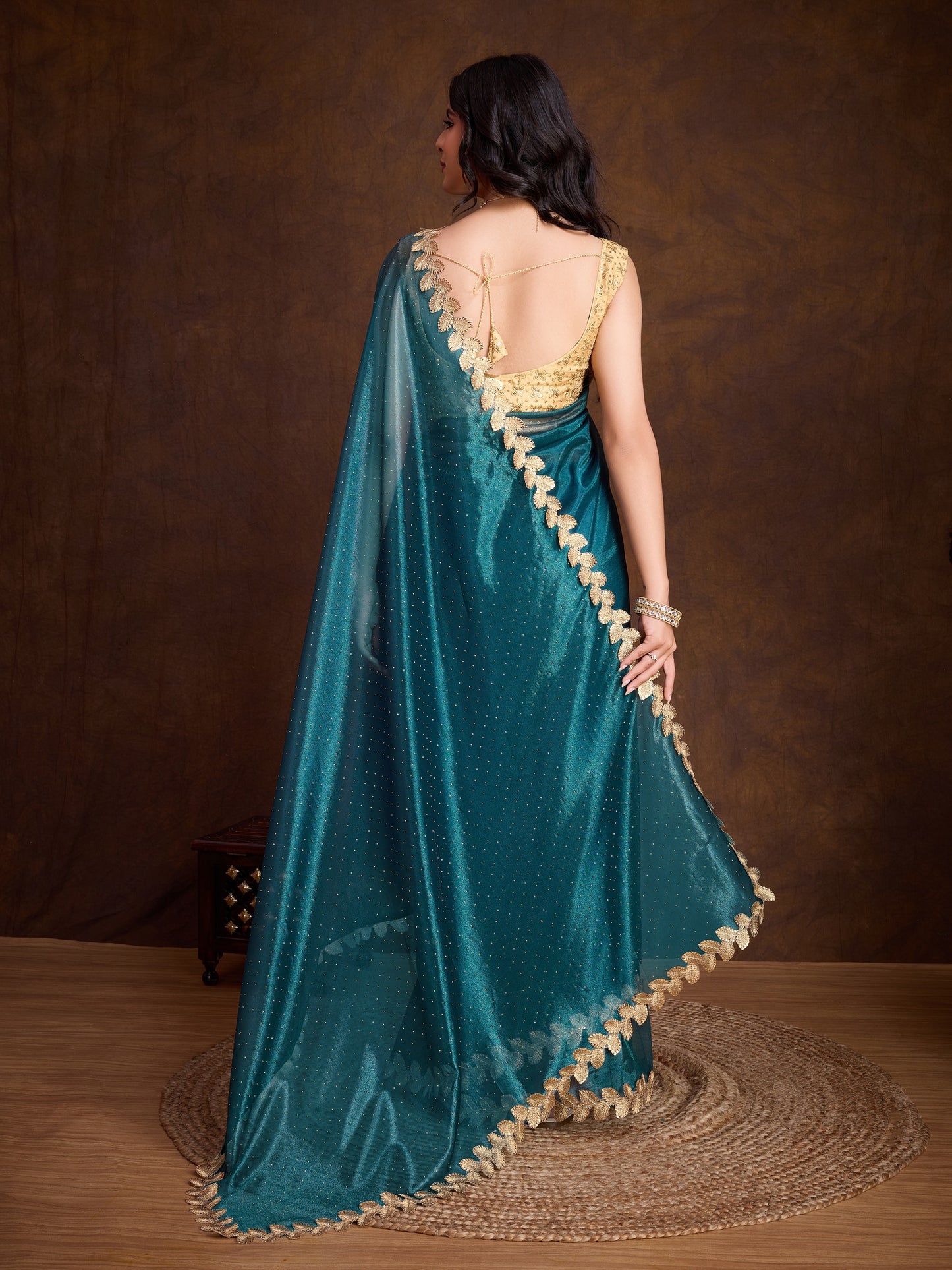 Ocean Green Gold-Infused Twill Saree with Dual Blouse Options