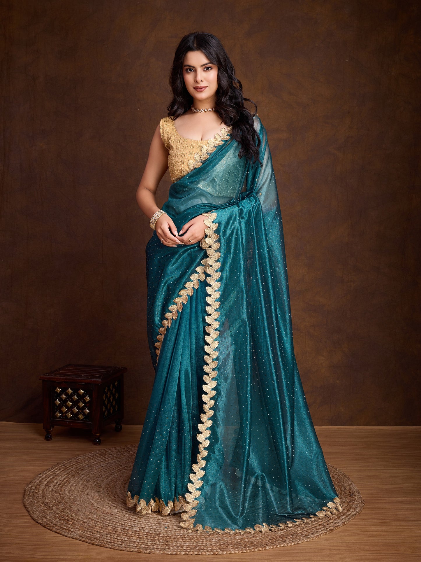 Ocean Green Gold-Infused Twill Saree with Dual Blouse Options