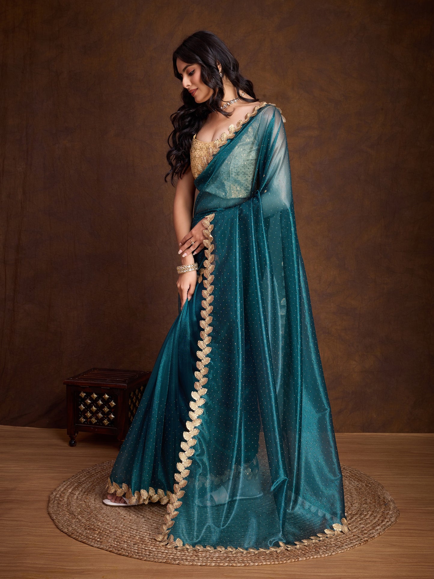 Ocean Green Gold-Infused Twill Saree with Dual Blouse Options