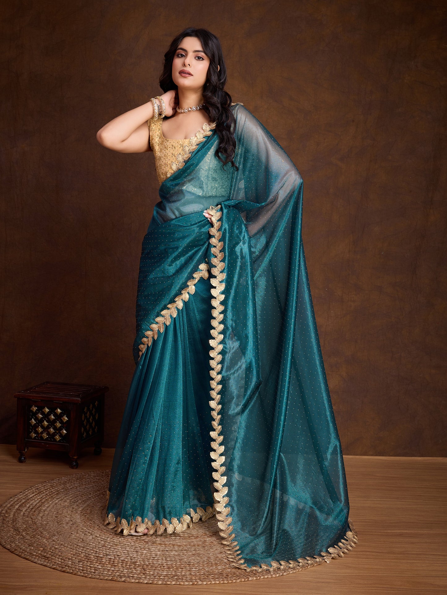 Ocean Green Gold-Infused Twill Saree with Dual Blouse Options