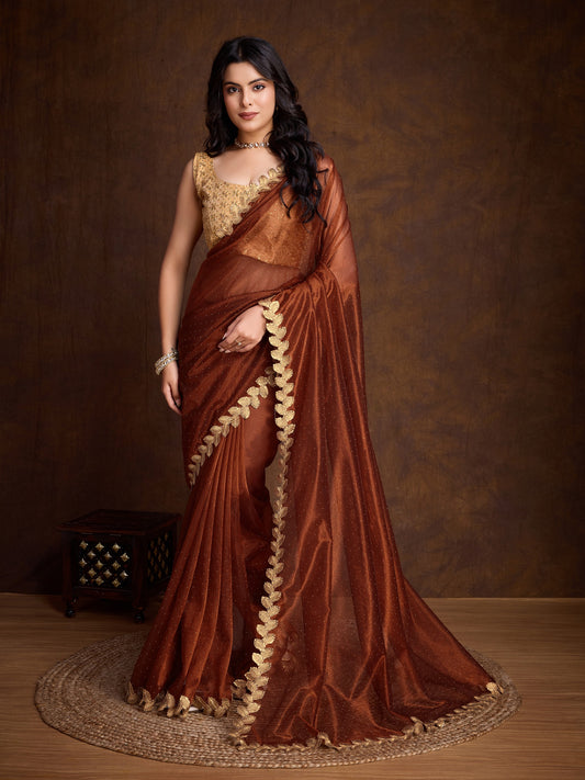 Brown Gold-Infused Twill Saree with Dual Blouse Options