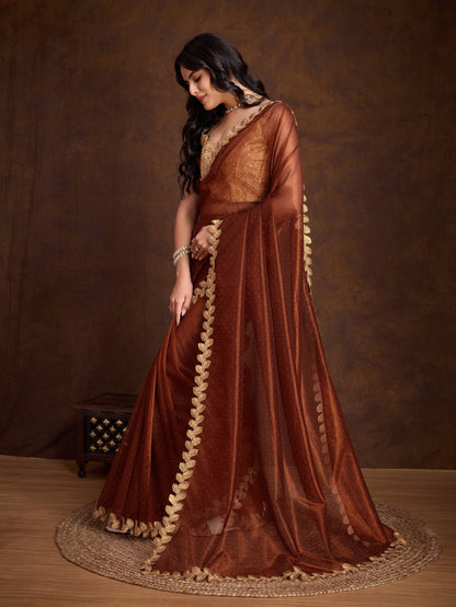 Brown Gold-Infused Twill Saree with Dual Blouse Options