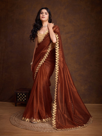 Brown Gold-Infused Twill Saree with Dual Blouse Options