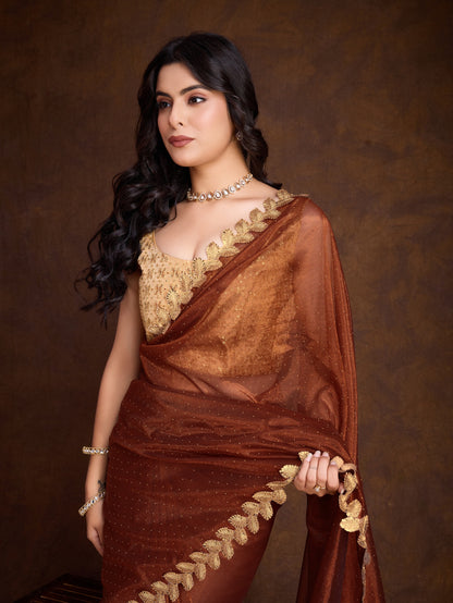 Brown Gold-Infused Twill Saree with Dual Blouse Options