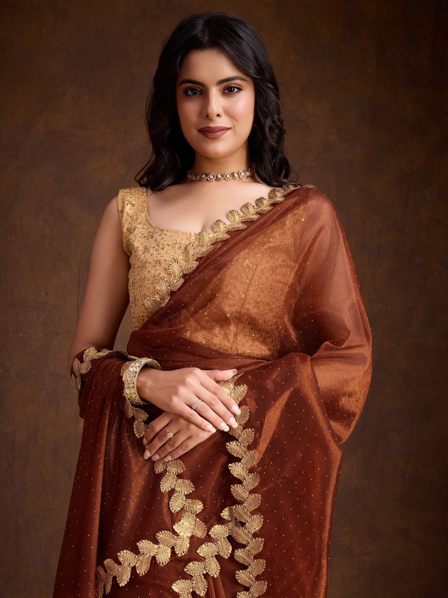 Brown Gold-Infused Twill Saree with Dual Blouse Options