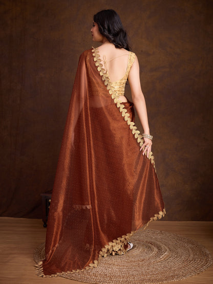 Brown Gold-Infused Twill Saree with Dual Blouse Options