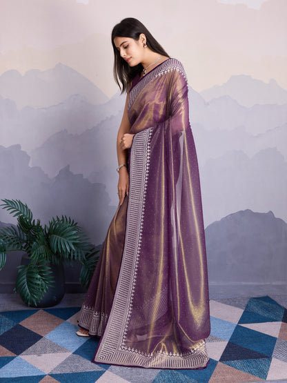 Maharani Style Gold Infused Twill Net Saree in Wine