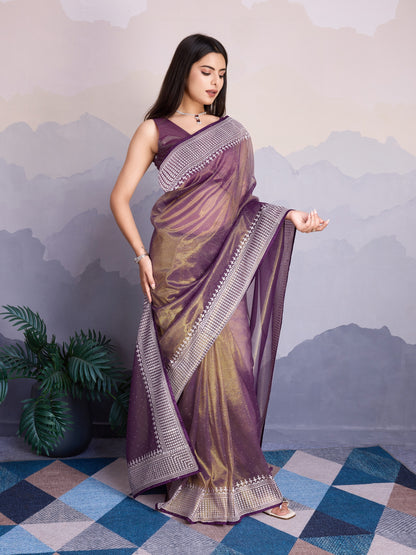 Maharani Style Gold Infused Twill Net Saree in Wine