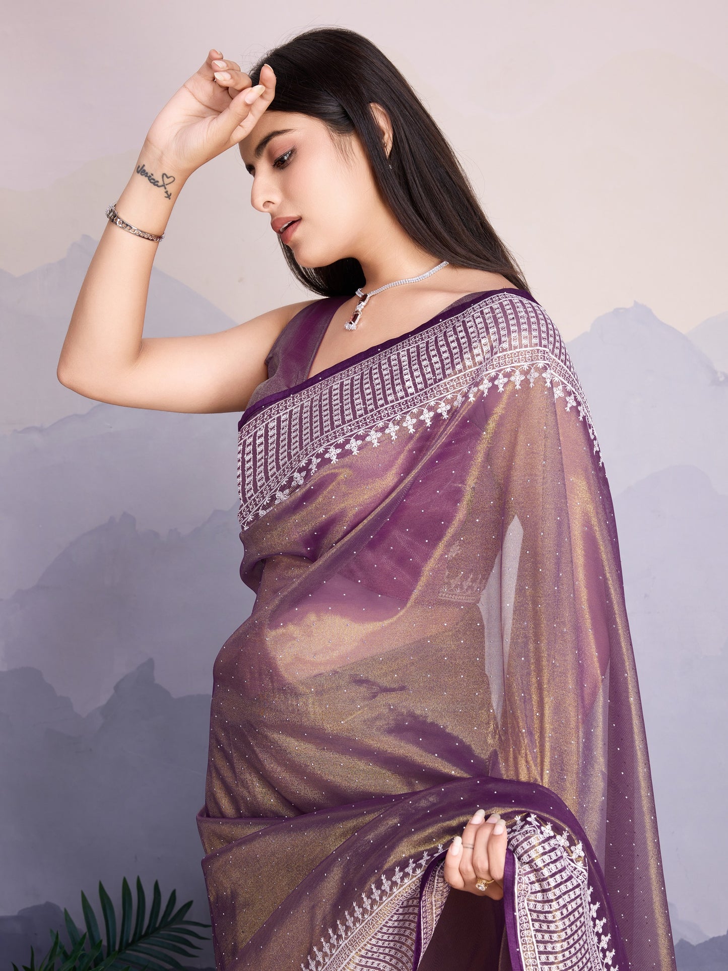 Maharani Style Gold Infused Twill Net Saree in Wine