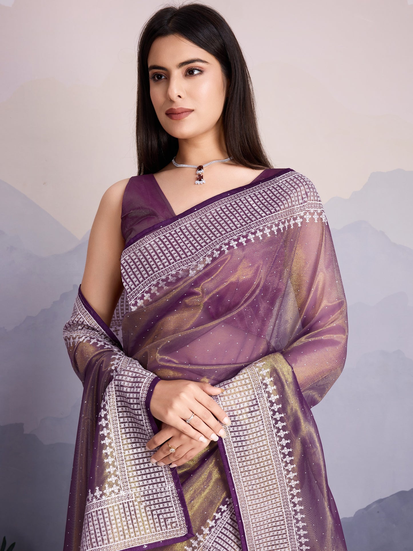 Maharani Style Gold Infused Twill Net Saree in Wine