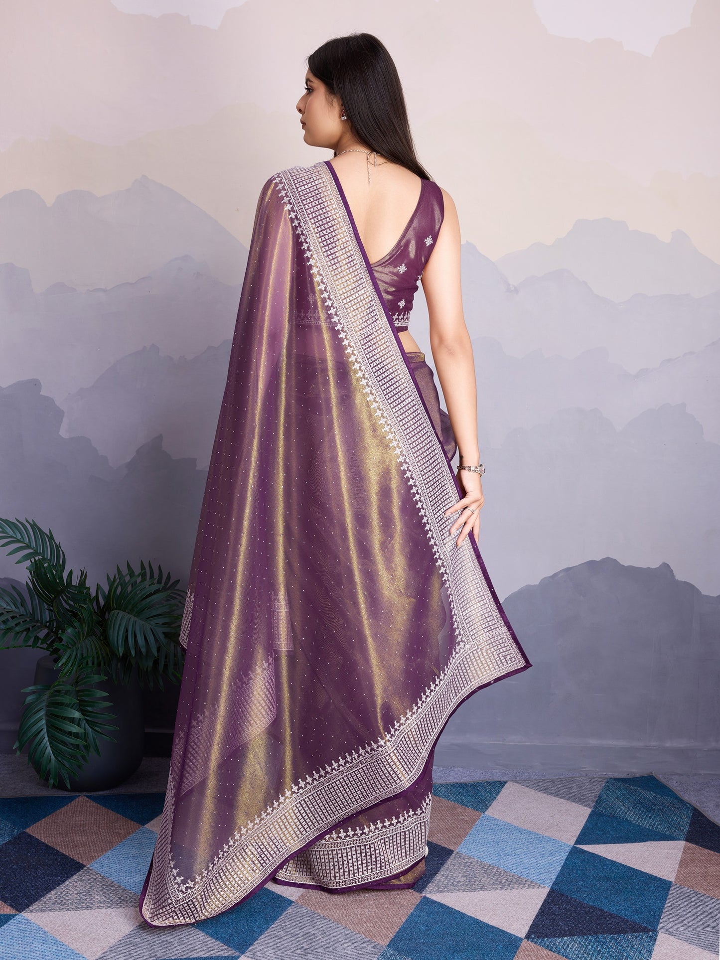 Maharani Style Gold Infused Twill Net Saree in Wine