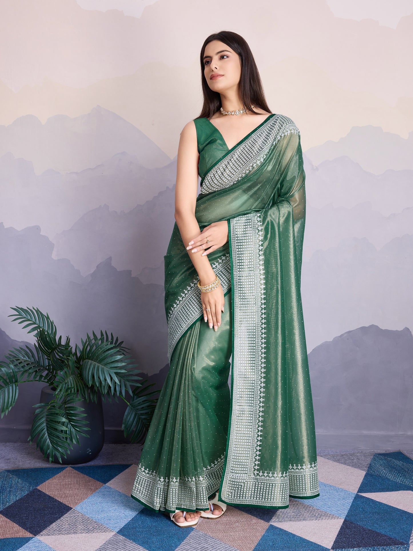 Maharani Style Gold Infused Twill Net Saree in Shiny Green