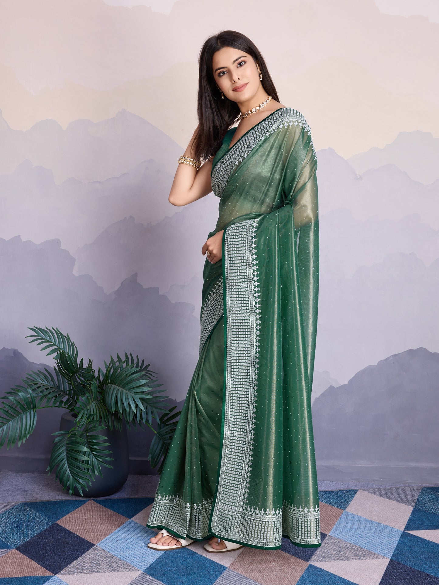 Maharani Style Gold Infused Twill Net Saree in Shiny Green