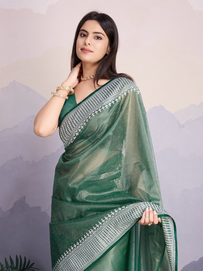 Maharani Style Gold Infused Twill Net Saree in Shiny Green