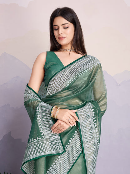 Maharani Style Gold Infused Twill Net Saree in Shiny Green