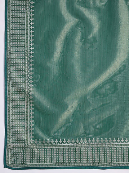 Maharani Style Gold Infused Twill Net Saree in Shiny Green