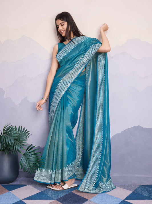 Maharani Style Gold Infused Twill Net Saree in Ocean Blue