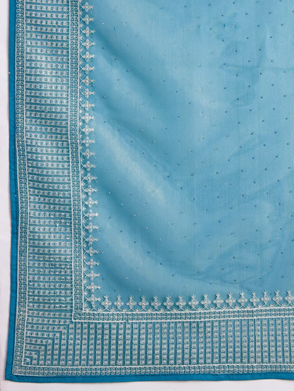 Maharani Style Gold Infused Twill Net Saree in Ocean Blue