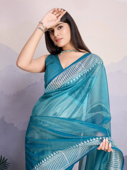 Maharani Style Gold Infused Twill Net Saree in Ocean Blue