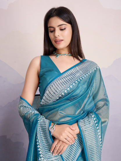 Maharani Style Gold Infused Twill Net Saree in Ocean Blue