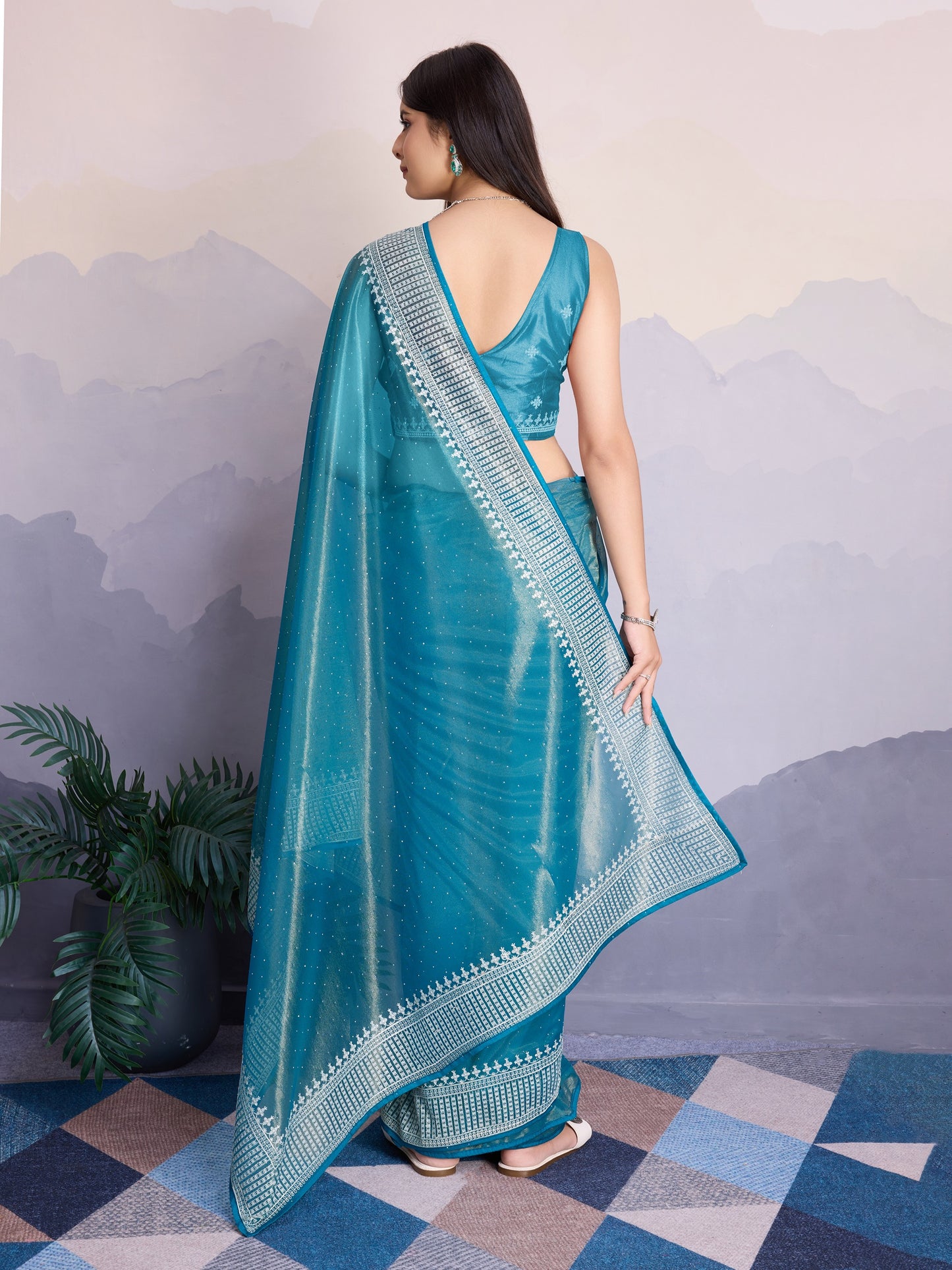 Maharani Style Gold Infused Twill Net Saree in Ocean Blue