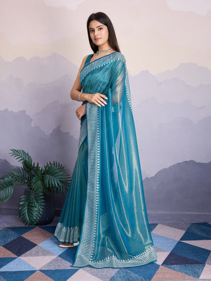 Maharani Style Gold Infused Twill Net Saree in Ocean Blue