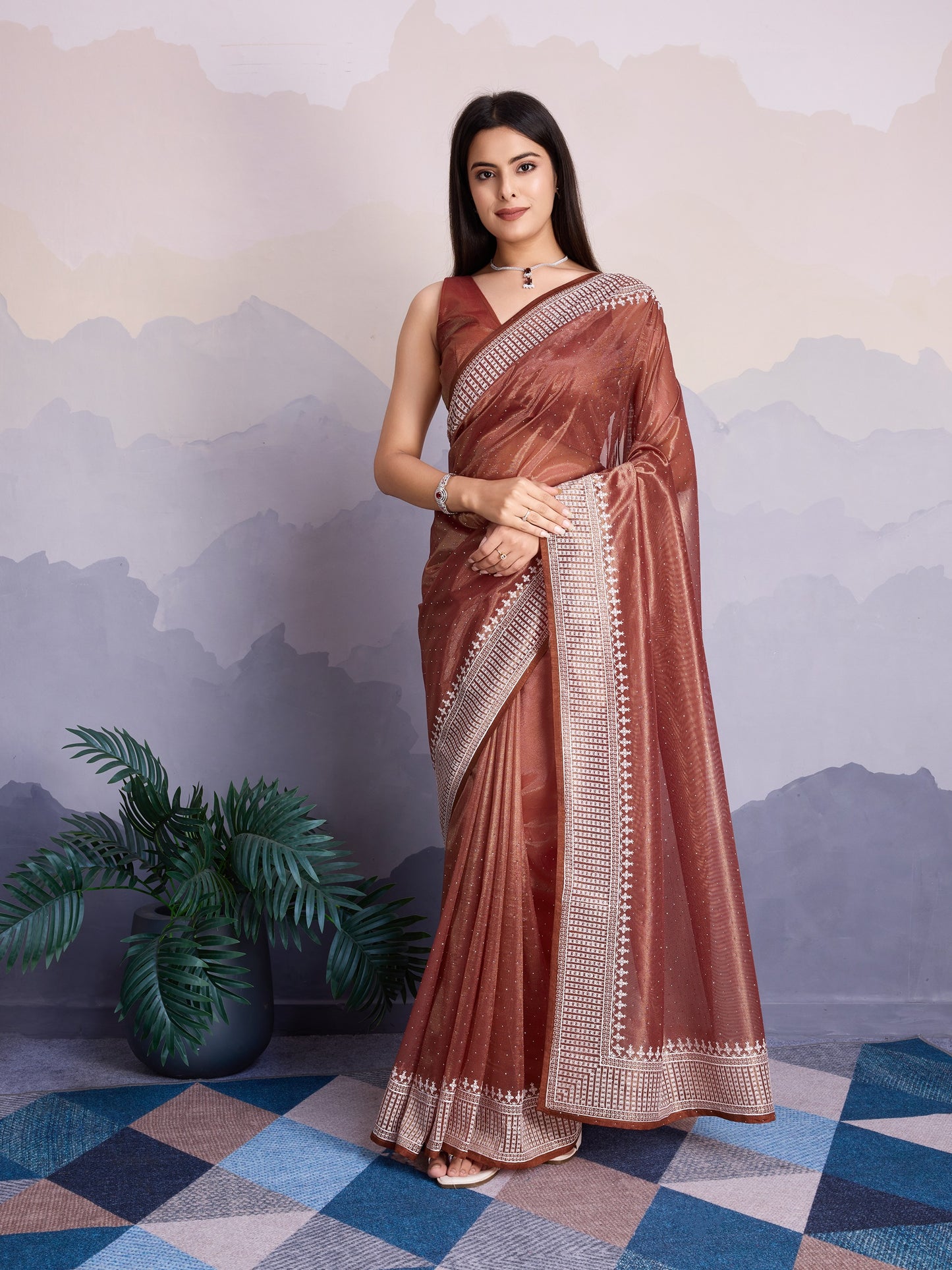 Maharani Style Gold Infused Twill Net Saree in Shiny Brown