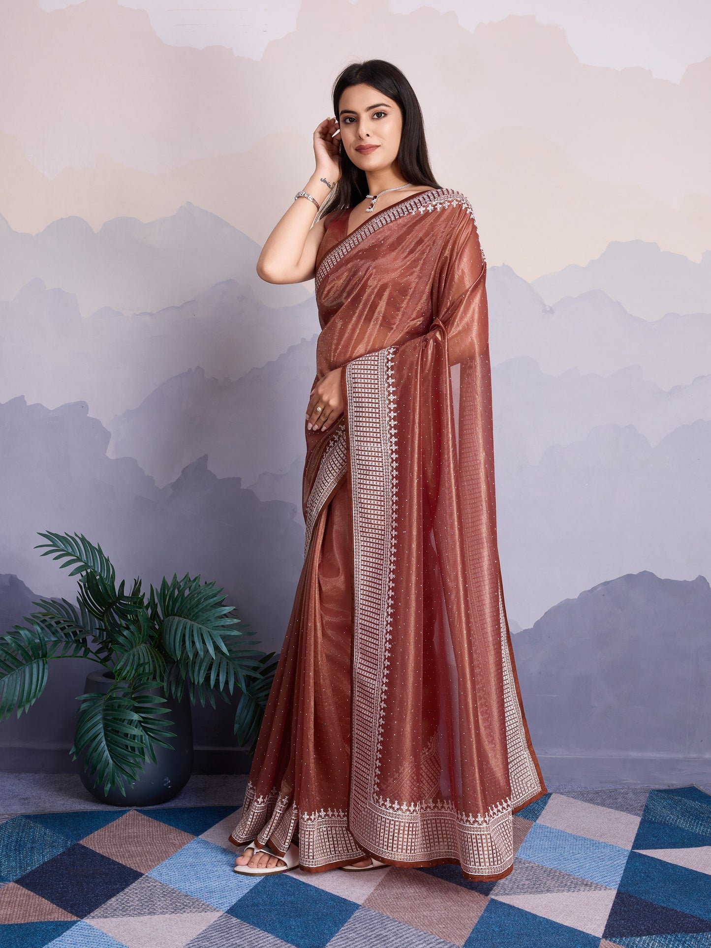 Maharani Style Gold Infused Twill Net Saree in Shiny Brown