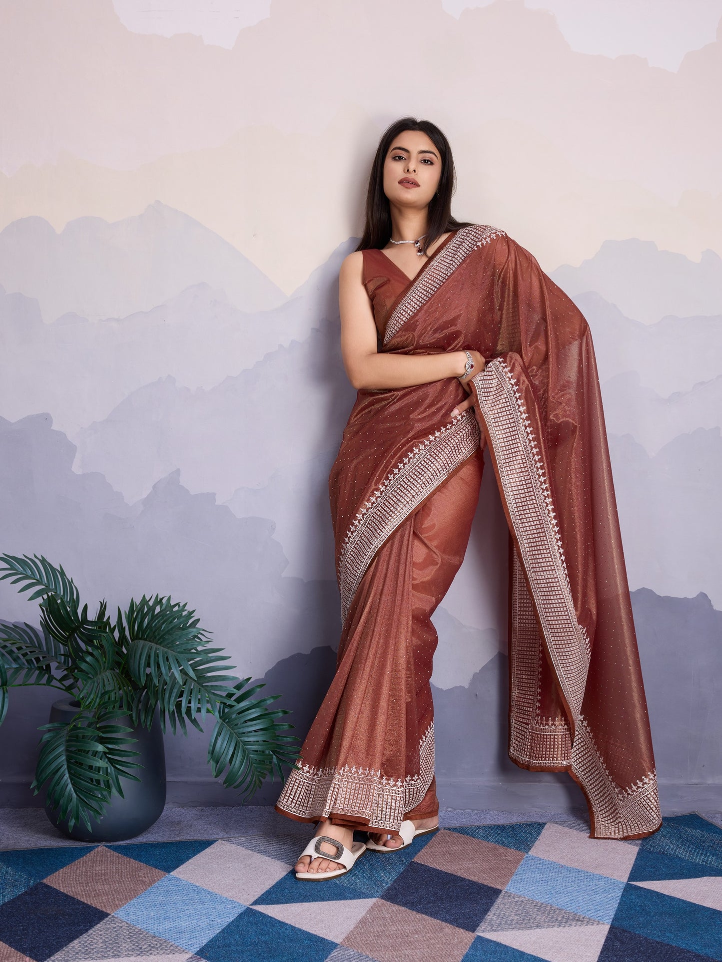 Maharani Style Gold Infused Twill Net Saree in Shiny Brown