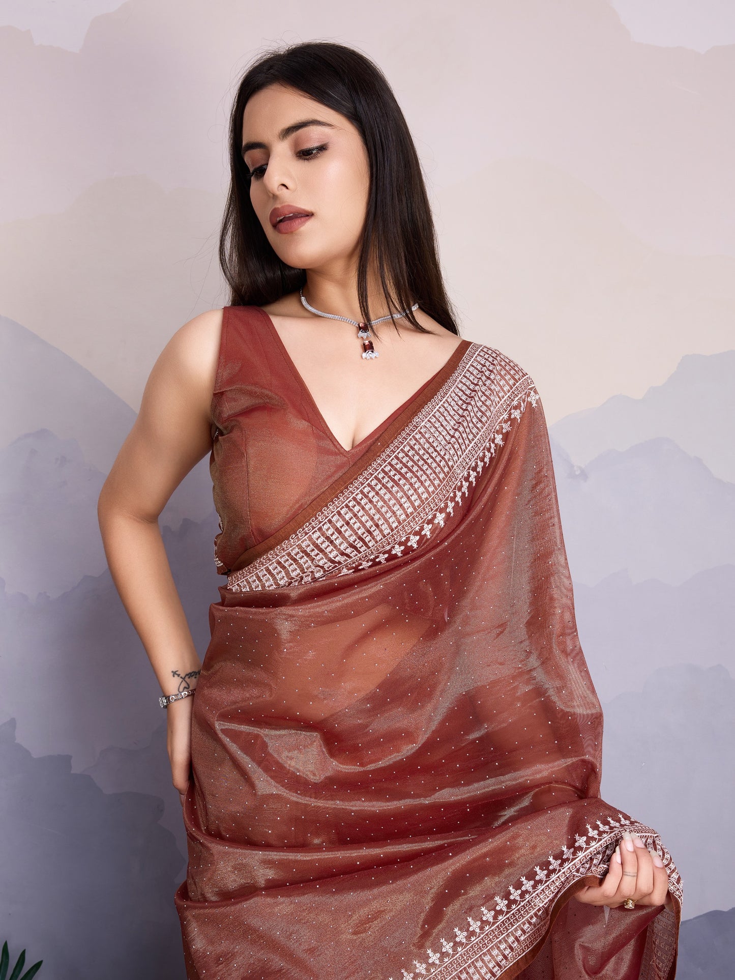 Maharani Style Gold Infused Twill Net Saree in Shiny Brown