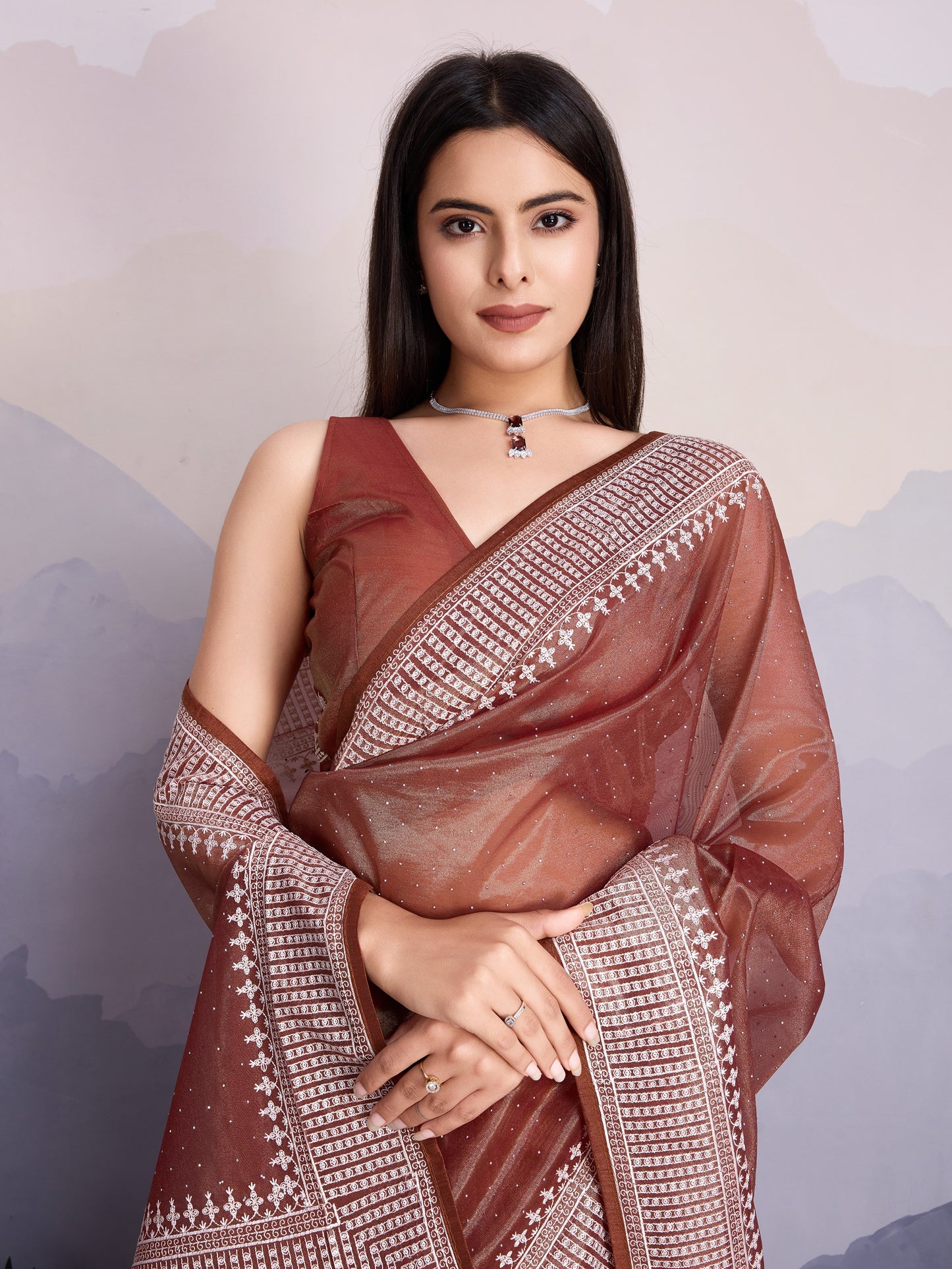 Maharani Style Gold Infused Twill Net Saree in Shiny Brown