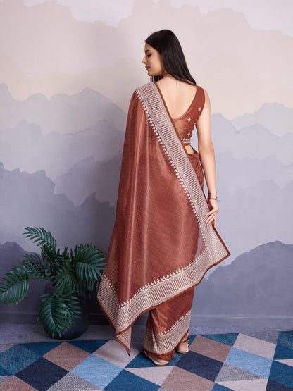 Maharani Style Gold Infused Twill Net Saree in Shiny Brown