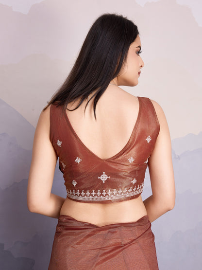 Maharani Style Gold Infused Twill Net Saree in Shiny Brown