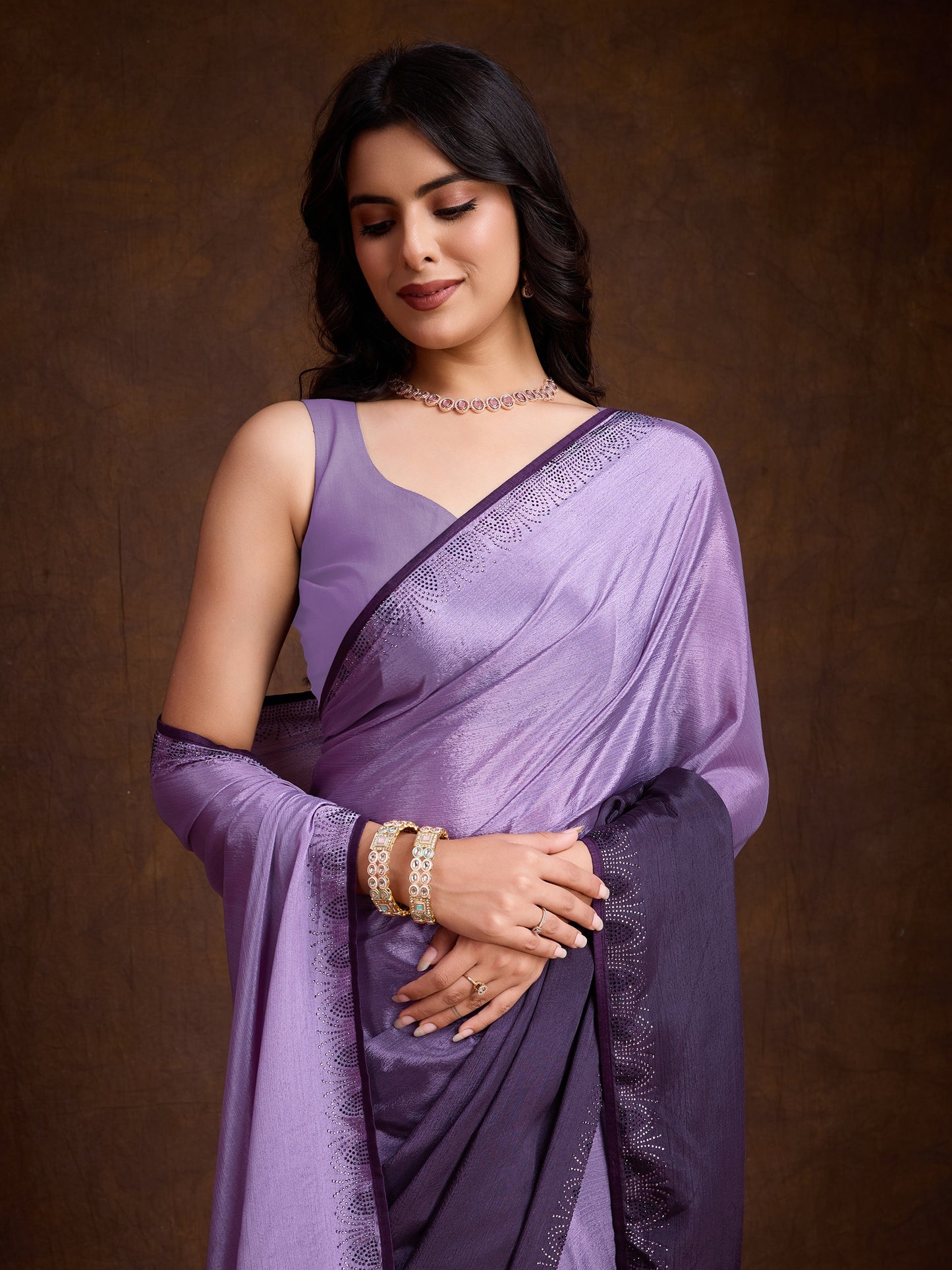 Shiny Purple Shaded Chinnon Saree with Double-Color Swarovski Work