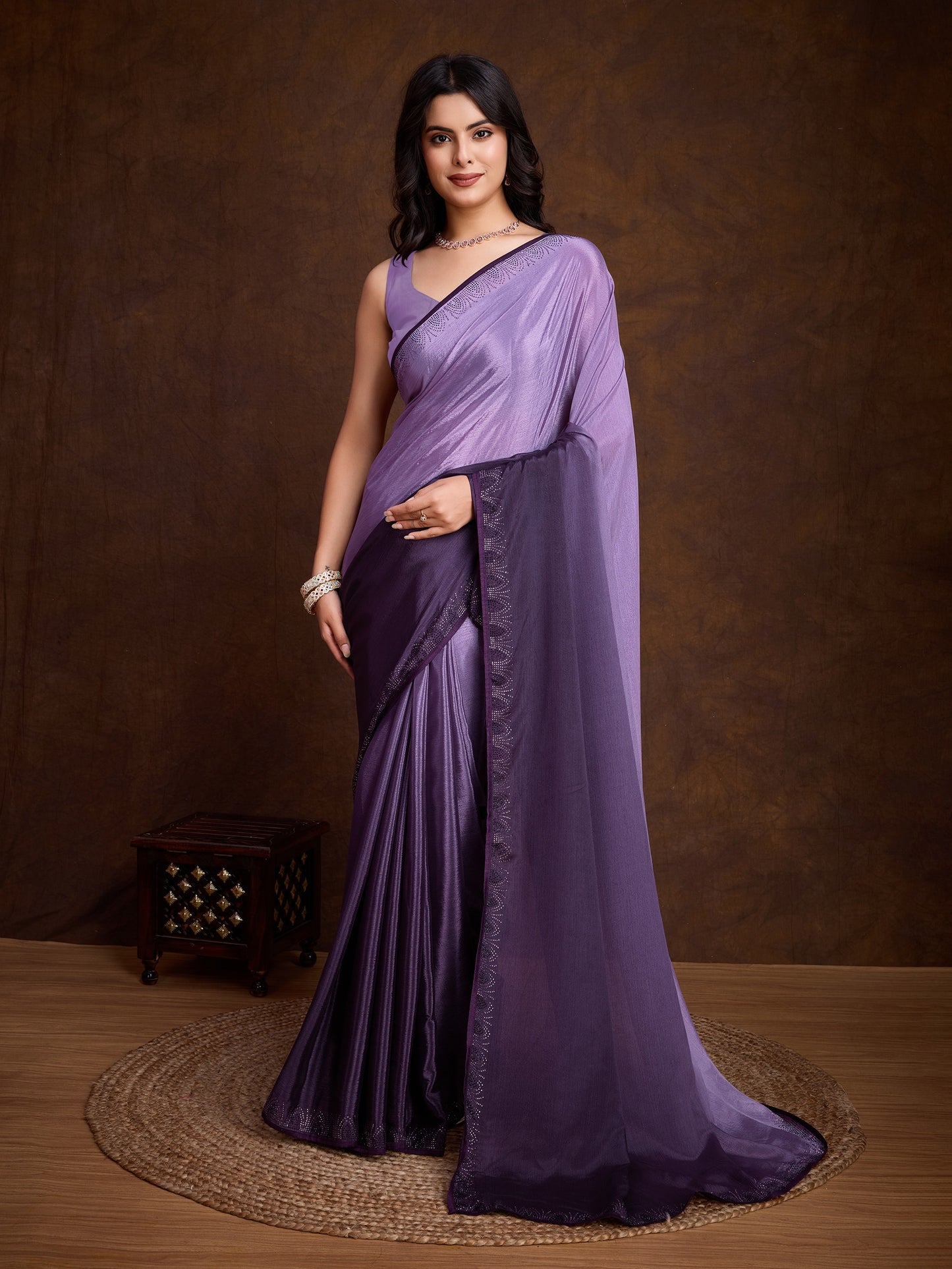 Shiny Purple Shaded Chinnon Saree with Double-Color Swarovski Work