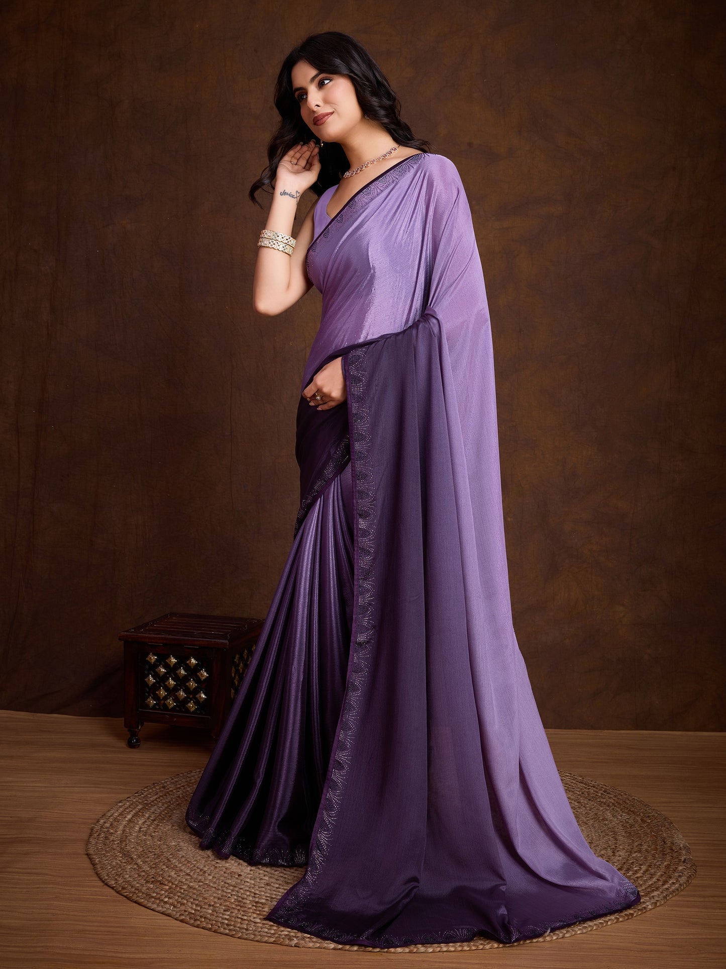 Shiny Purple Shaded Chinnon Saree with Double-Color Swarovski Work