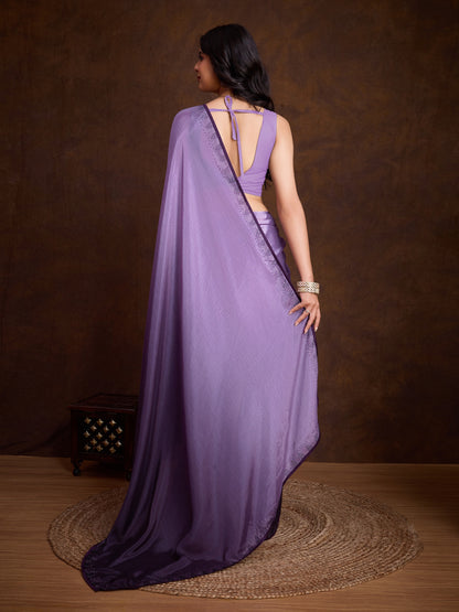 Shiny Purple Shaded Chinnon Saree with Double-Color Swarovski Work