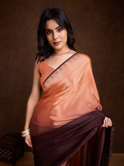 Shiny Orange Shaded Chinnon Saree with Double-Color Swarovski Work