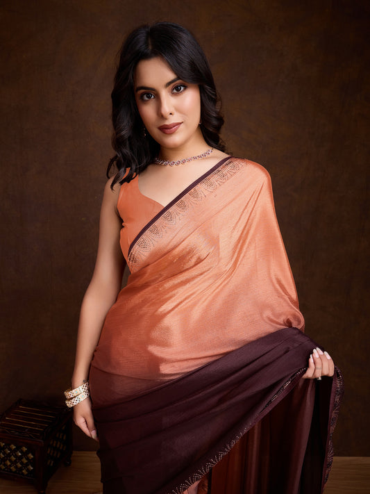 Shiny Orange Shaded Chinnon Saree with Double-Color Swarovski Work