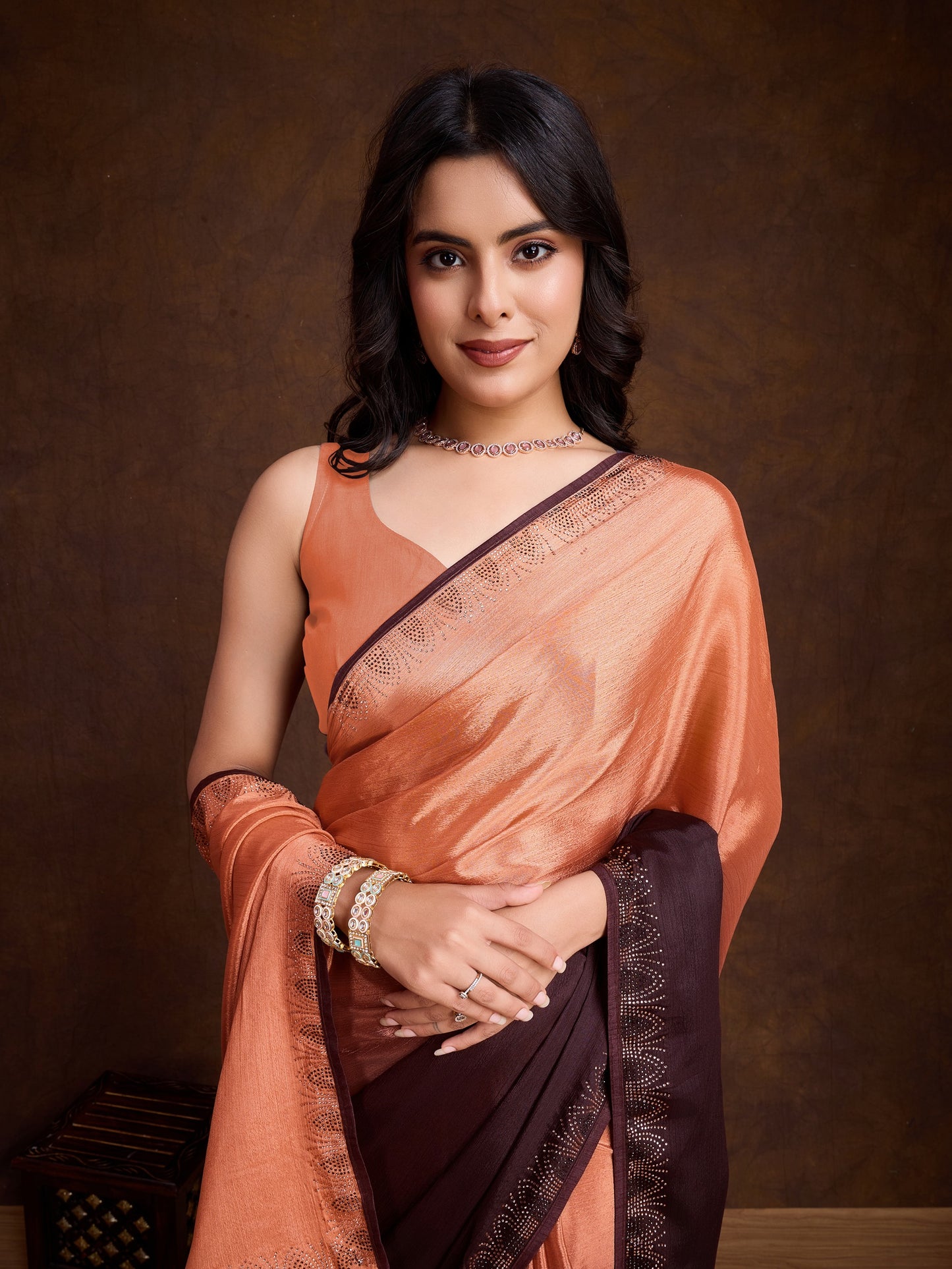 Shiny Orange Shaded Chinnon Saree with Double-Color Swarovski Work